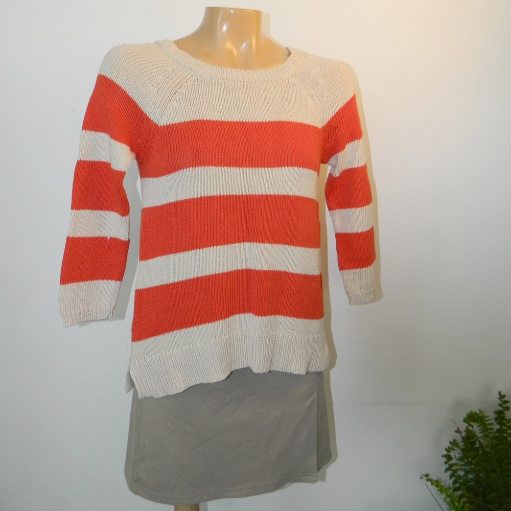 LOFT Striped Cotton Raglan Sweater Women Small Orange Cream  3/4 Sleeve Pullover